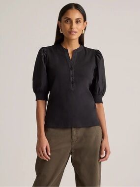 Cotton Mixed Media Black Puff-Sleeve Top XS - Retail $40